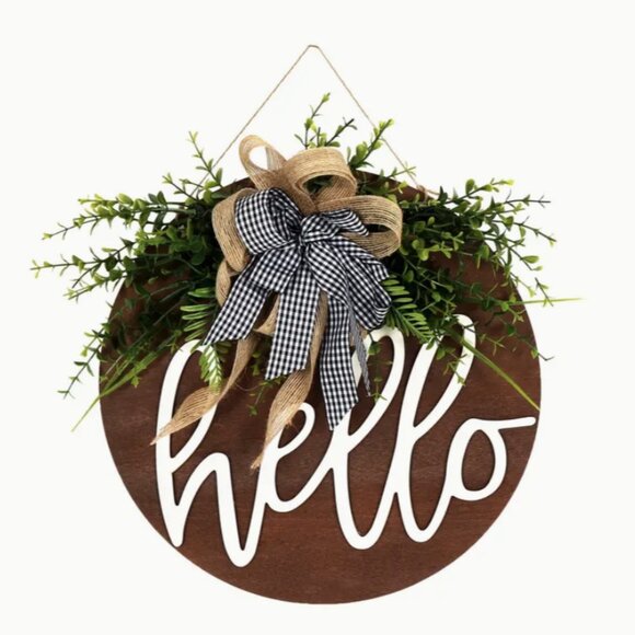 Hello Rustic Farmhouse Welcome Sign Buffalo Check Bow Wood Handmade Wreath Gift - Picture 2 of 7